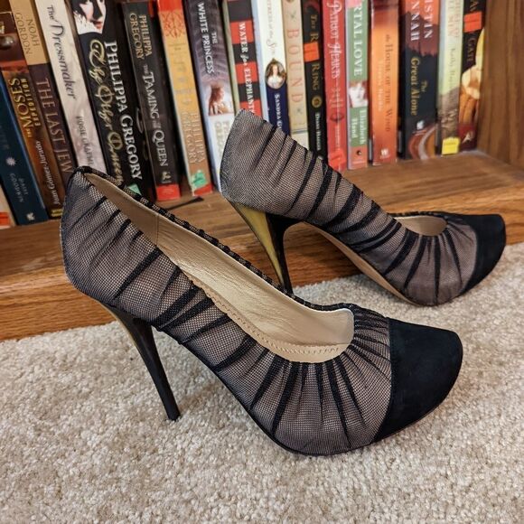 JEAN-MICHEL cazabat horn stilleto heel suede cap toe black mesh overlay  sz 38.5 - Picture 8 of 9